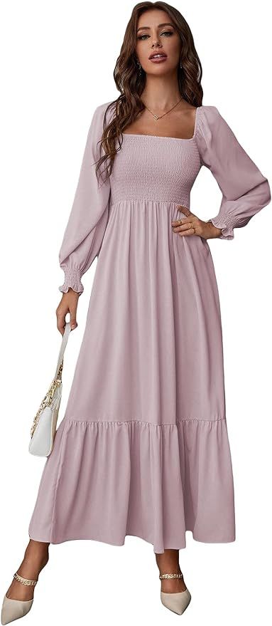 WDIRARA Women's Square Neck Flounce Shirred Ruffle Hem Elegant Long Sleeve Maxi Dress | Amazon (US)