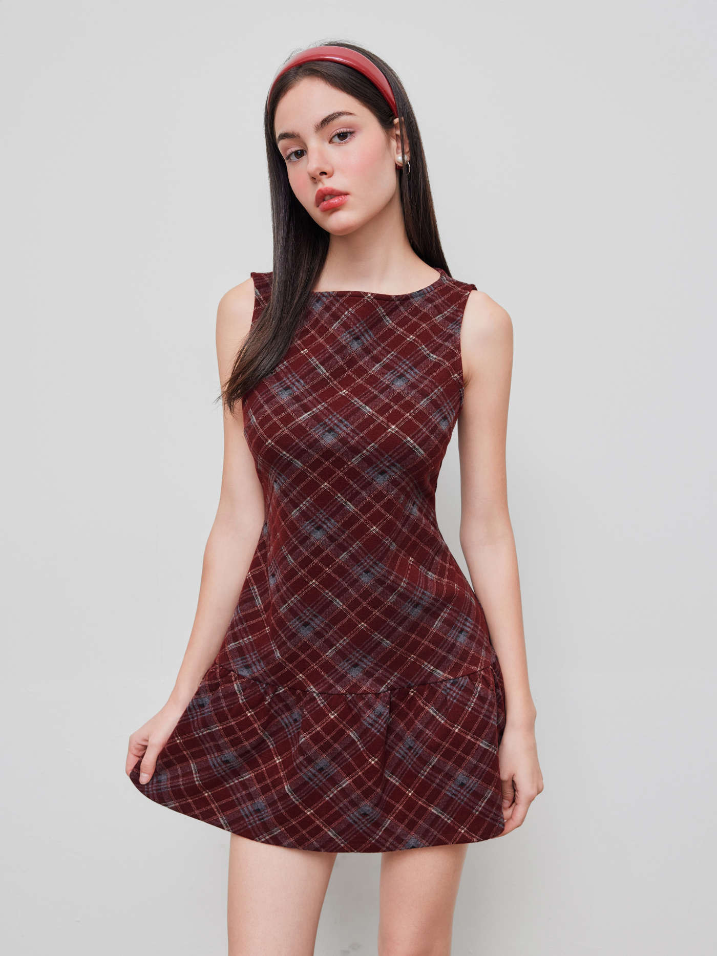 Wool-look Boat Neck Plaid Ruffle Hem Mini Dress | Cider