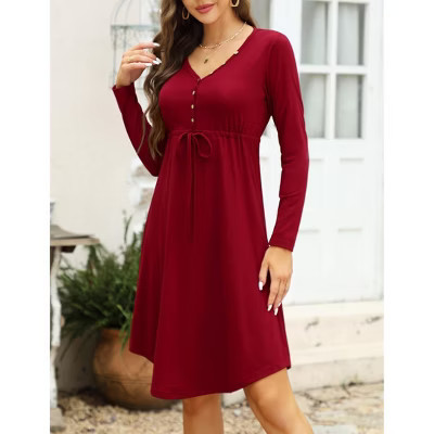 Women's v-Neck Button Front Midi Dress, Long Sleeve a-Line Casual Dress for Work Daily | Target