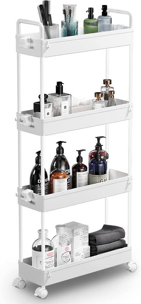 SOLEJAZZ Slim Storage Cart, 4 Tier Bathroom Organizer Mobile Shelving Unit, Rolling Utility Cart ... | Amazon (US)