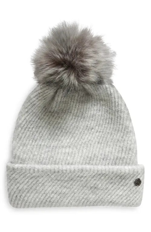 Zella Cozy Heather Beanie with Faux Fur Pompom in Grey Light Heather at Nordstrom | Nordstrom