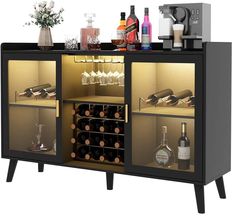Auromie Wine Bar Cabinet with Led Light, Home Coffee Cabinet with Wine and Glass Rack, Kitchen Bu... | Amazon (US)