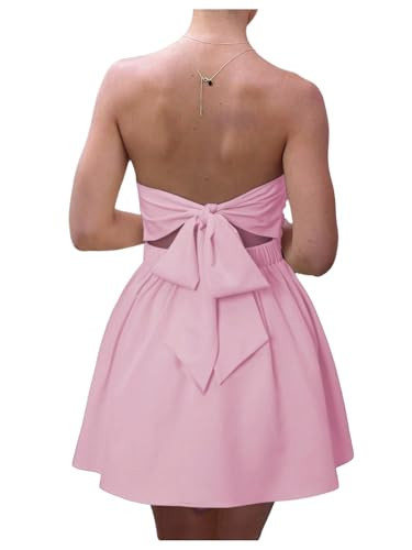 MakeMeChic Women's Summer Elegant Strapless Mini Dress with Bow Ruched Ruffle A Line Bandeau Party Mini Dress Pink X-Small | Amazon (US)