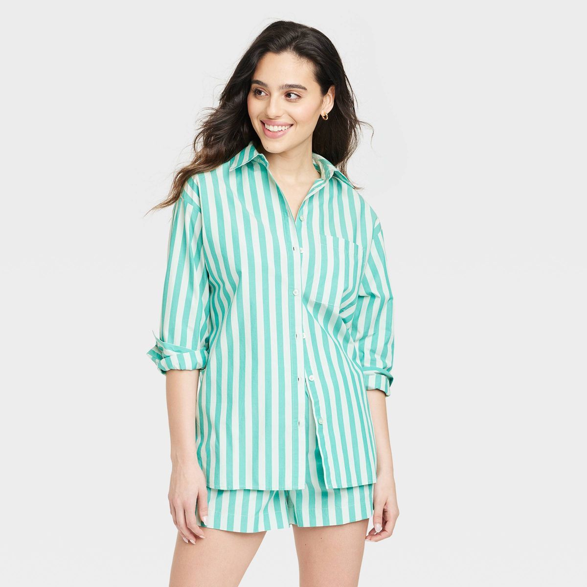 Women's Long Sleeve Button-Down Shirt - A New Day™ Green Striped M | Target