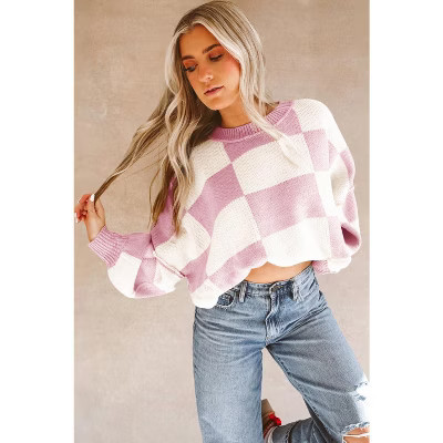 Women Checkered Bishop Sleeve Sweater | Target