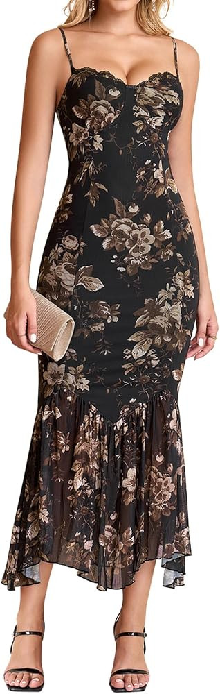 KUTUMAI Women Bodycon Long Formal Dress Asymmetric Hem Lace Neck Wedding Guest Cocktail Maxi Dres... | Amazon (US)