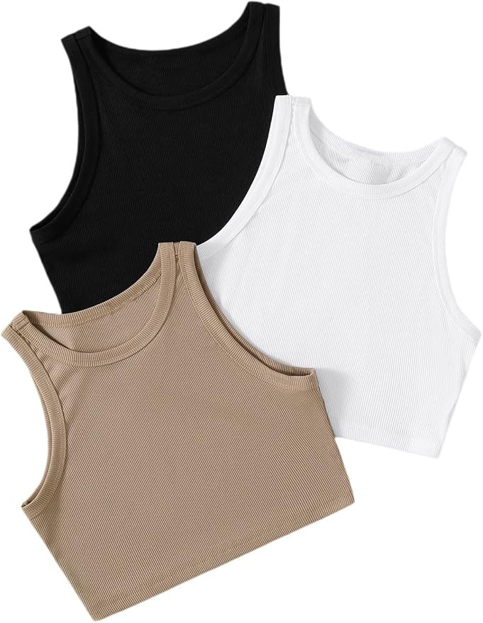 SheIn Women's 3 Piece Ribbed Knit Crop Tank Top Round Neck Sleeveless Racerback Cami Crop Tops | Amazon (US)