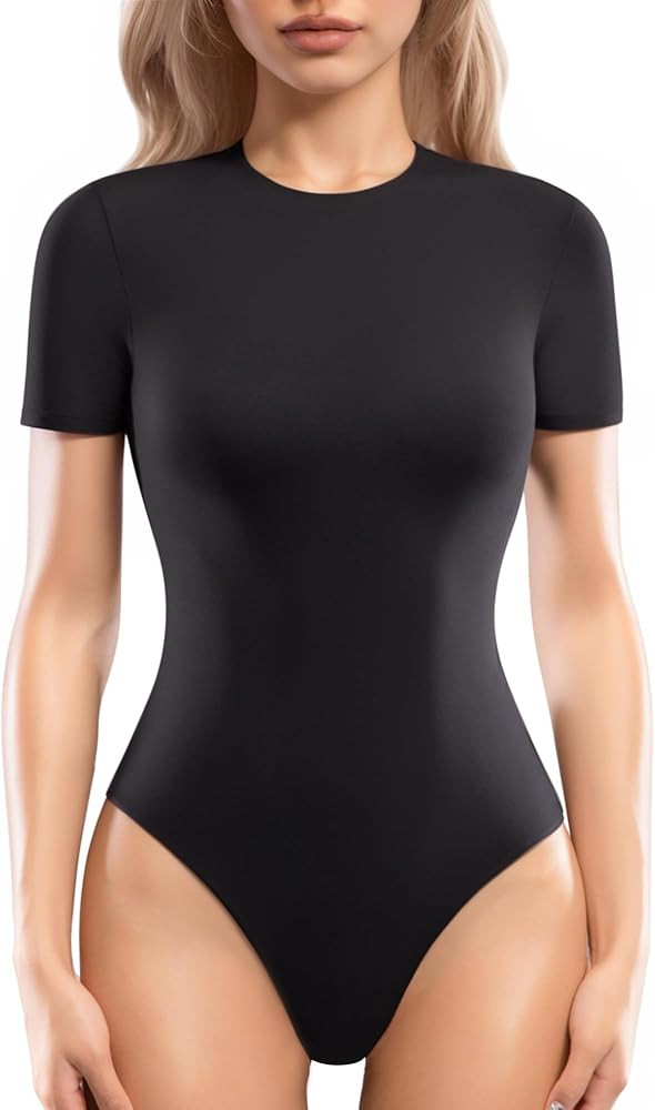 MANGOPOP Womens Short Sleeve Bodysuit Crew Neck Double Lined T-shirt Tops Second Skin Bodysuit Co... | Amazon (US)