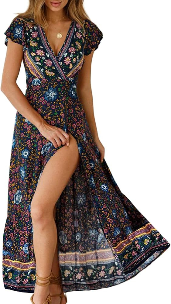 ZESICA Women's 2023 Bohemian Floral Printed Wrap V Neck Short Sleeve Split Beach Party Maxi Dress | Amazon (US)