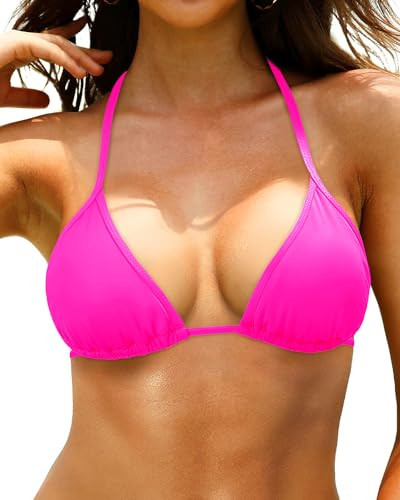 Tempt Me Women Hot Pink Triangle Bikini Top String Bathing Suits Top Halter Swimsuit Top Push Up Swim Top Only S | Amazon (US)