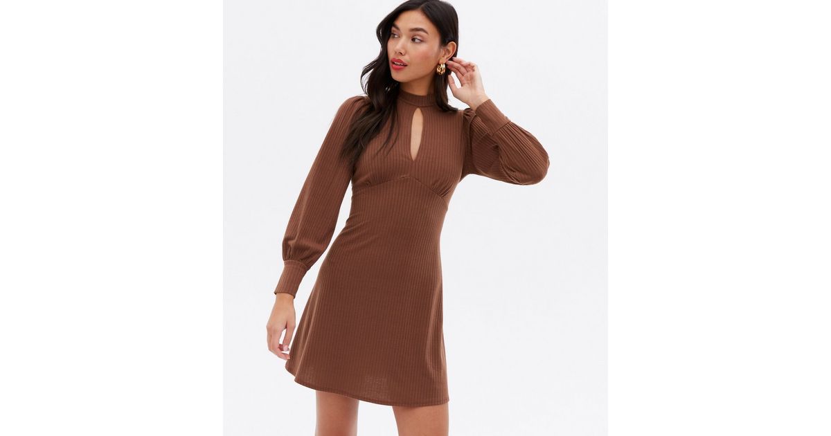 Light Brown Ribbed Keyhole High Neck Mini Dress
						
						Add to Saved Items
						Remove from... | New Look (UK)
