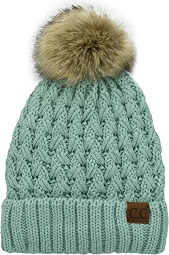 C.C Beanie Women’s Thick Cable Knit Faux Fuzzy Fur Pom Lattice Crossover Fleece Lined Skull Cap Cuff Beanie Mint | Amazon (US)