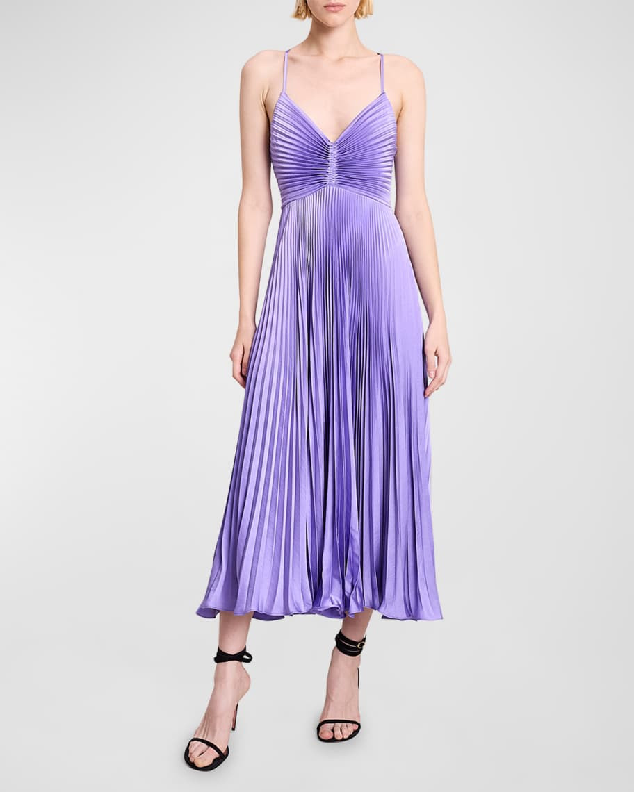 A.L.C. Gemini Pleated Tie-Back Cutout Midi Dress | Neiman Marcus