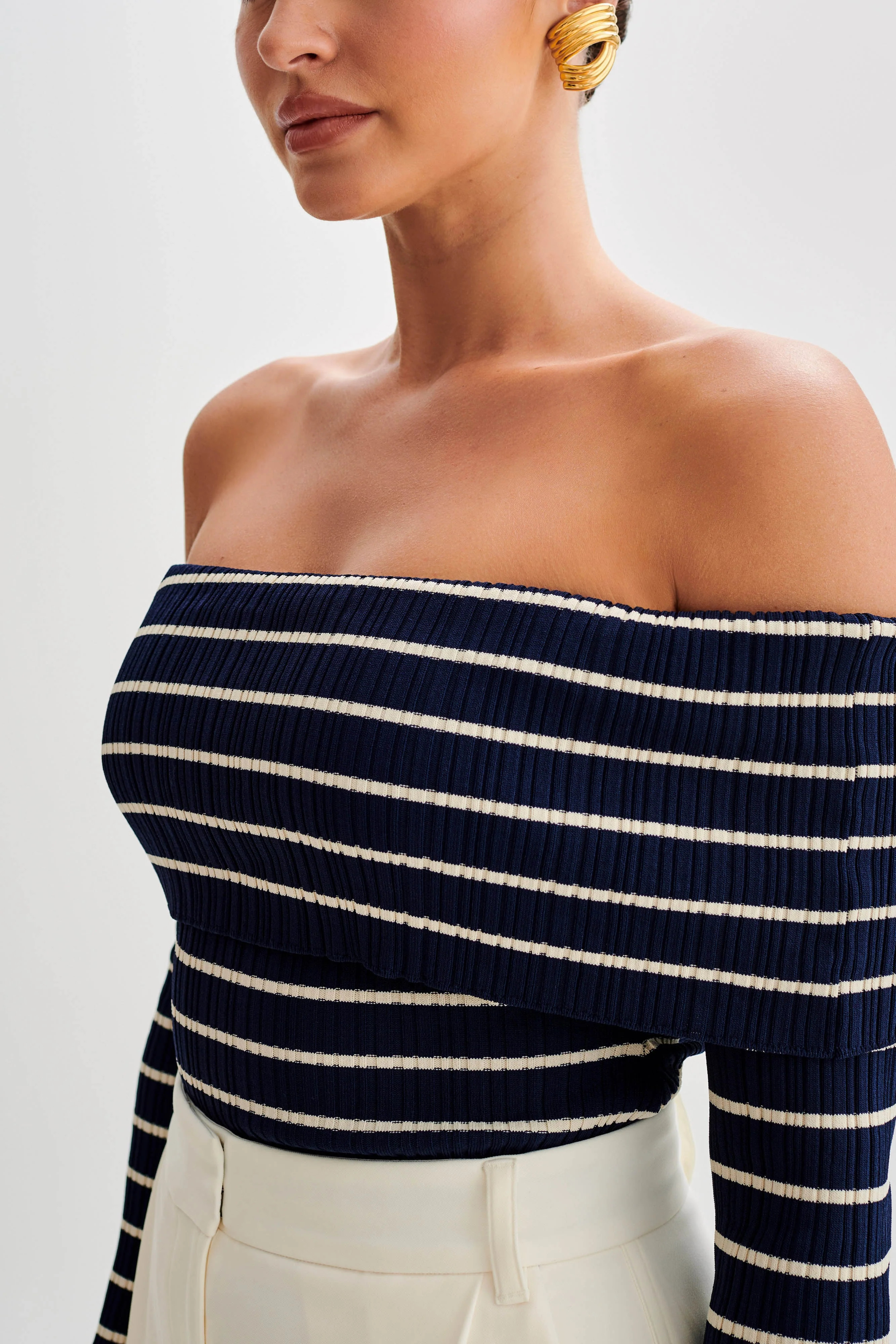 Dominica Off Shoulder Knit Top - Navy | MESHKI US