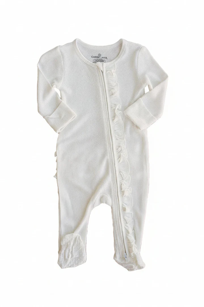 Cloud White Waffle Bamboo Zipper Ruffle Footie* | Caden Lane