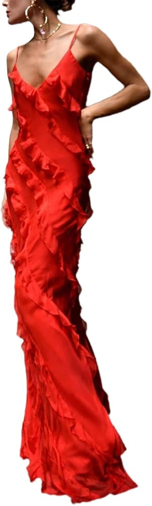 Wgooyheya Women Ruffles Embellished Backelss Maxi Dress Ladies Party Cocktail Spaghetti Strap Sli... | Amazon (US)