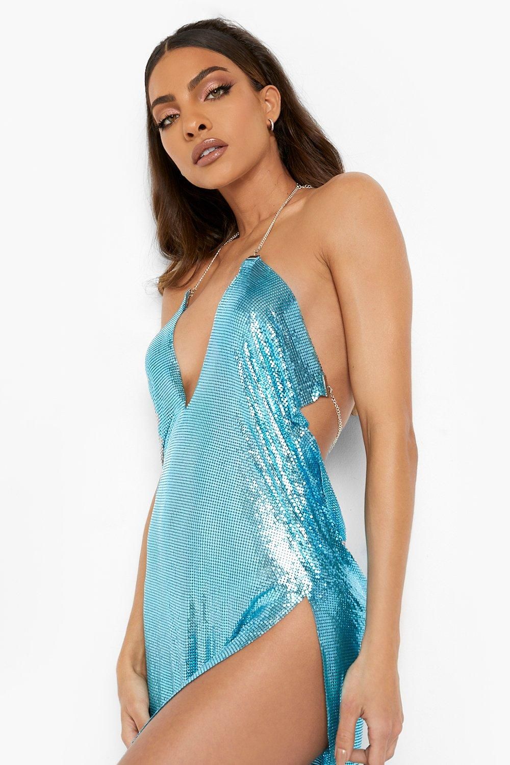 Halter Plunge Front Chainmail Mini Dress | Boohoo.com (UK & IE)