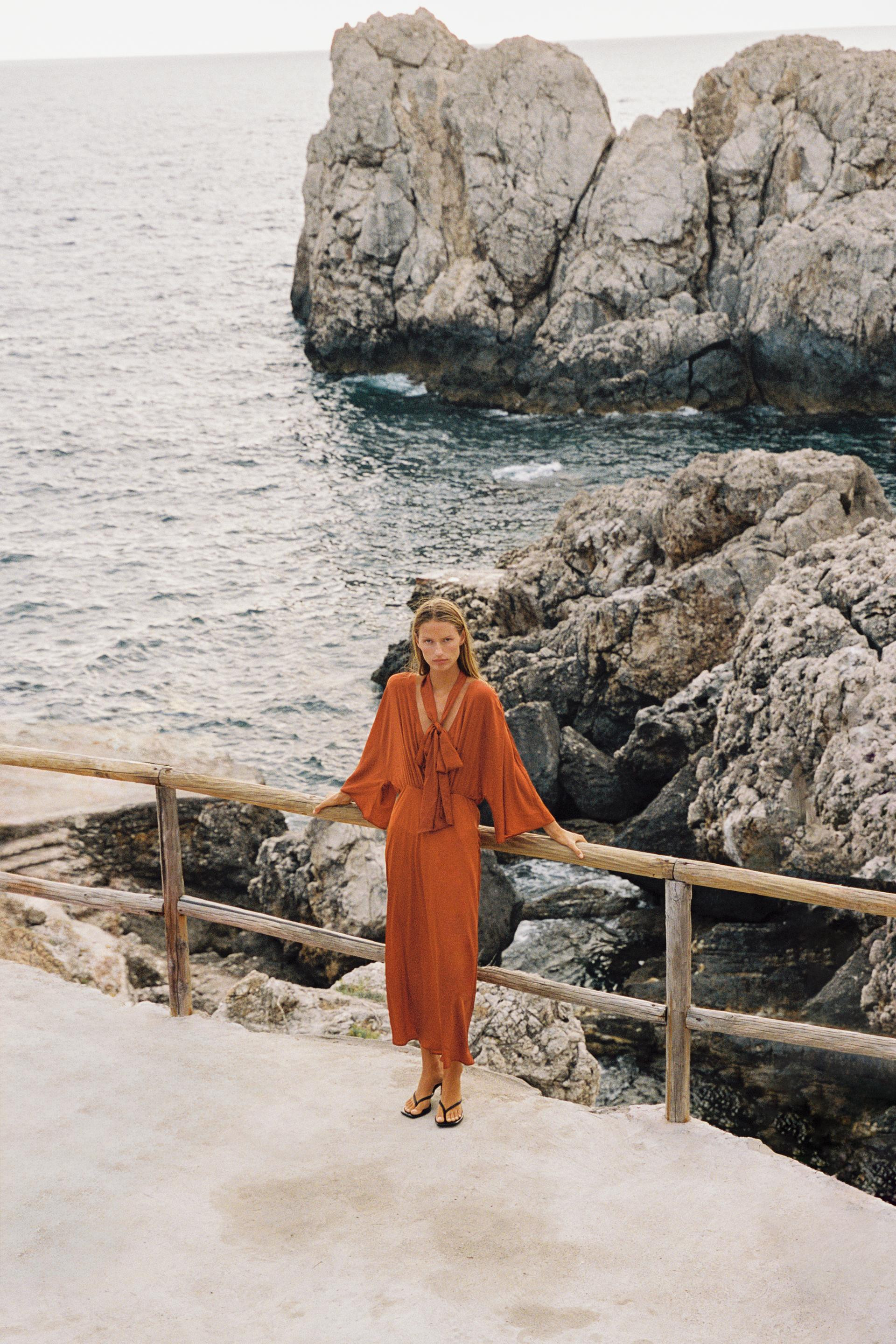 Zara - Satin Scarf-Effect Midi Dress - Orange - S - Woman | Zara US