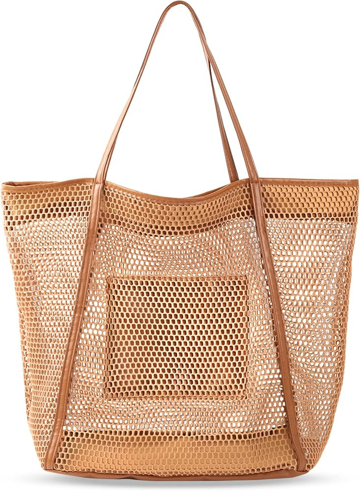 Beach Mesh Tote Bag for Women - Stylish Large Waterproof Sandproof Straw Shoulder Handbag with Zi... | Amazon (US)