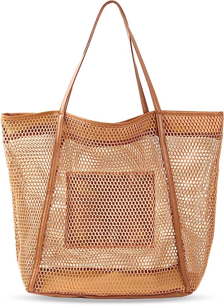 Beach Mesh Tote Bag for Women - Stylish Large Waterproof Sandproof Straw Shoulder Handbag with Zi... | Amazon (US)