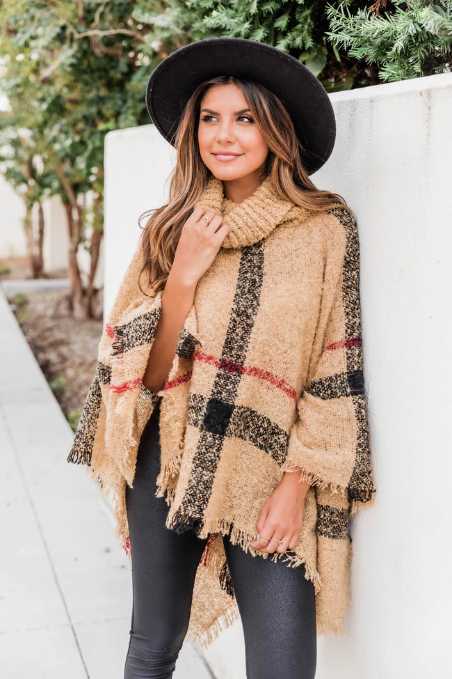 Stay Classy Tan Plaid Poncho | The Pink Lily Boutique
