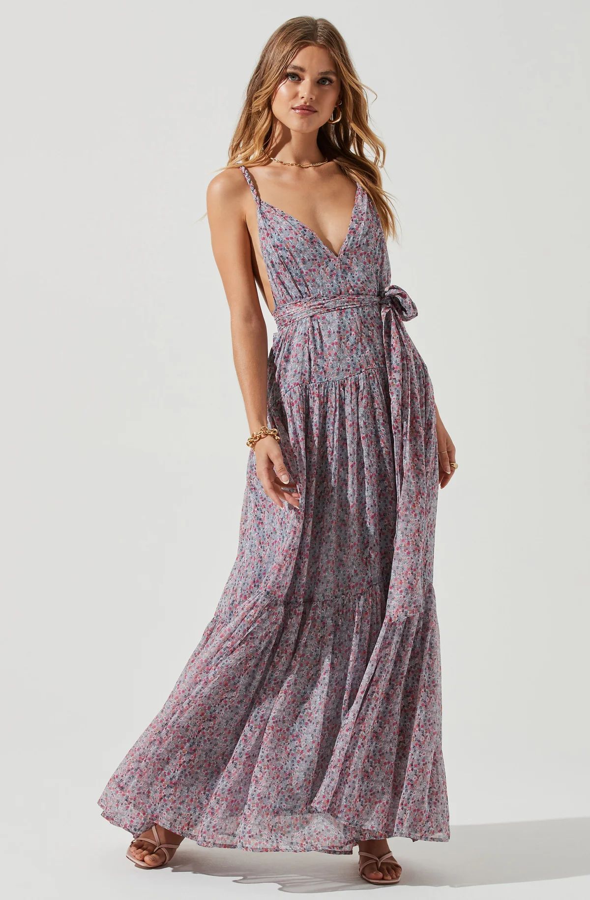 Eartha Floral Plunge Tie Waist Maxi Dress | ASTR The Label (US)