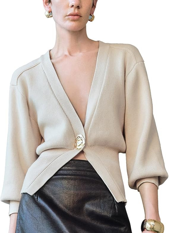 Women Knitted Cardigans Long Sleeve V-Neck Lightweight Sweater One Leaf Button Down Outwear | Amazon (US)