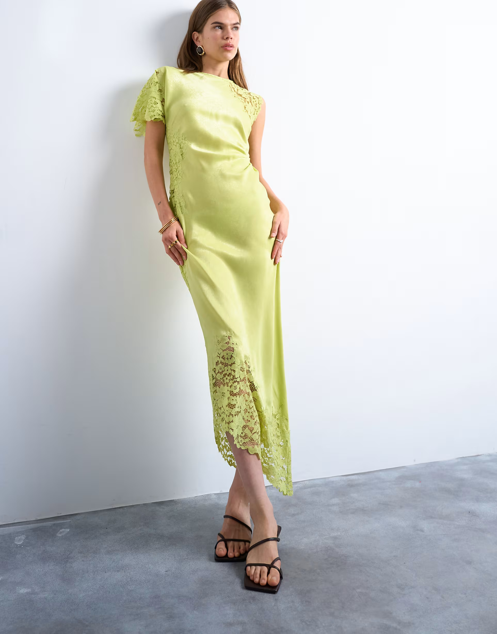 Topshop lace insert grown on shoulder midi dress in lime | ASOS (Global)