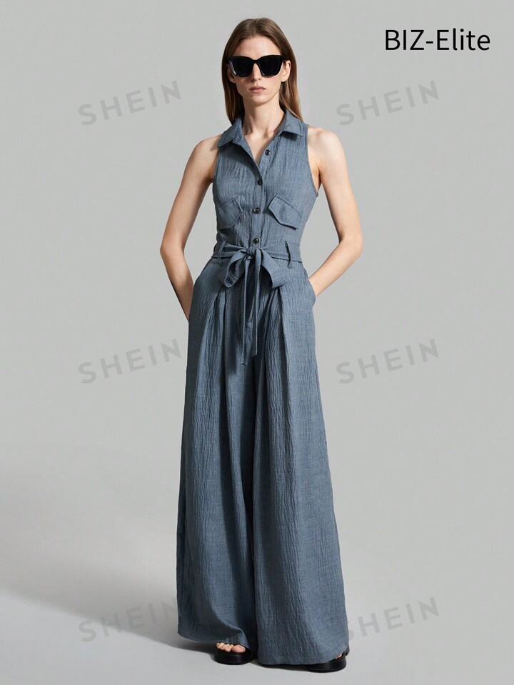 SHEIN BIZwear Mameluco Sin Mangas De Pierna Ancha Con Cuello En Solapa Para Mujer | SHEIN