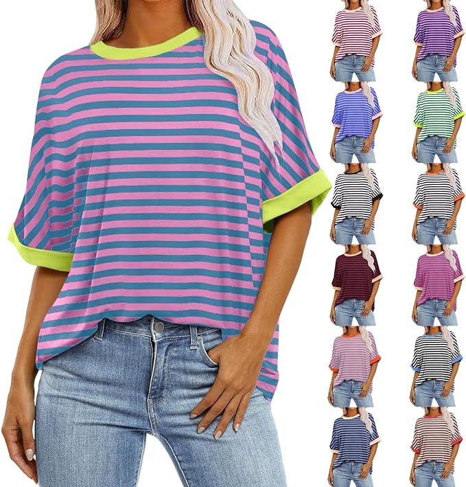 Summer Tops for Women 2024 Trendy Color Block Striped Shirt Women Crewneck Half Sleeve Lightweigh... | Amazon (US)