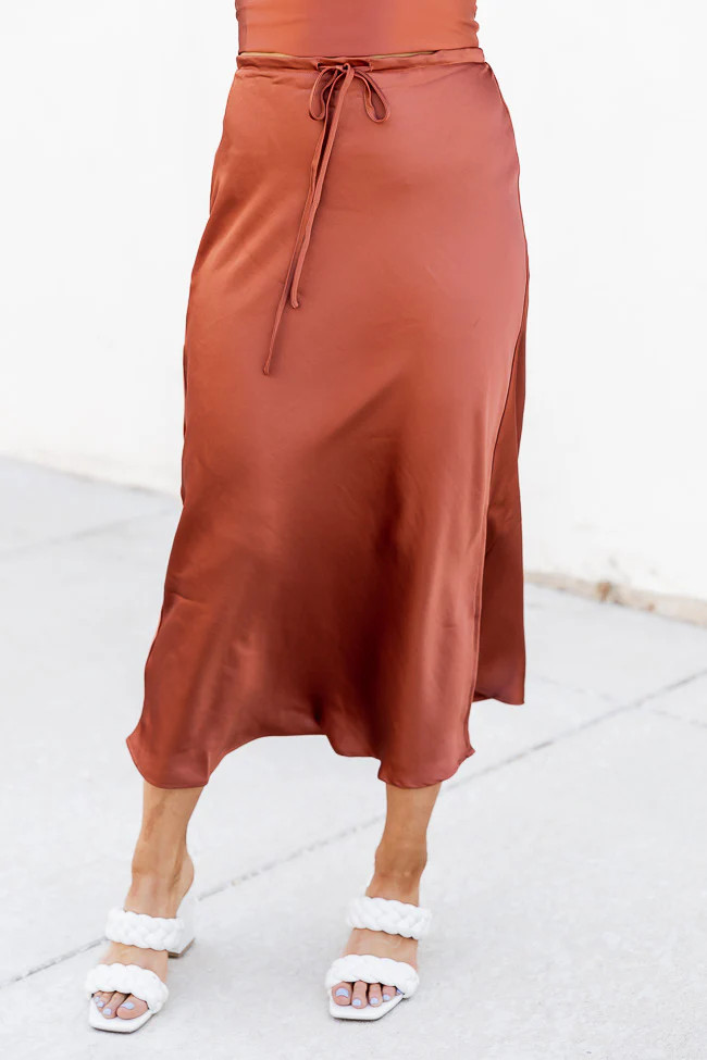 Somebody Else Rust Satin Midi Skirt | Pink Lily