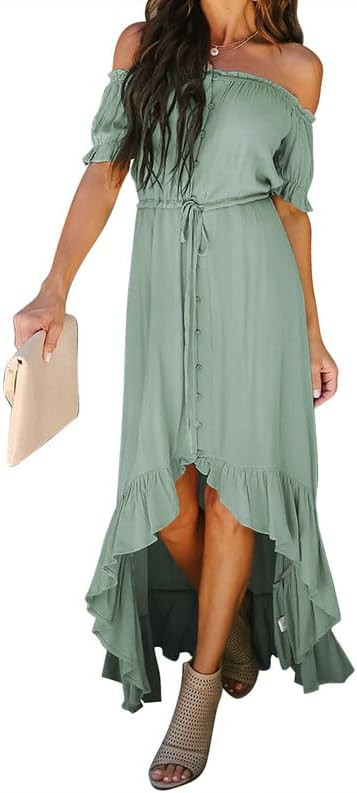 Dokotoo Womens 2024 Off The Shoulder Casual Short Sleeve Maxi Dress High Low Solid Cocktail Skate... | Amazon (US)