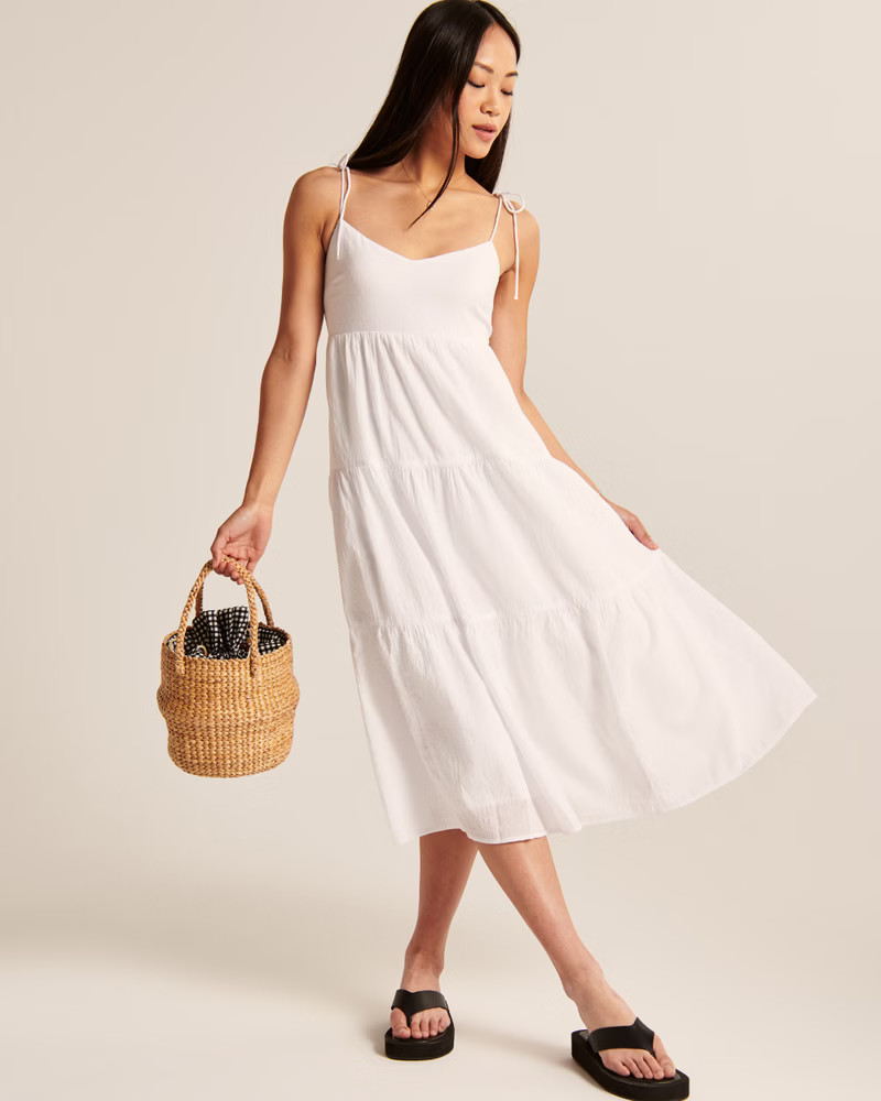 Tie-Strap Tiered Trapeze Midi Dress | Abercrombie & Fitch (US)