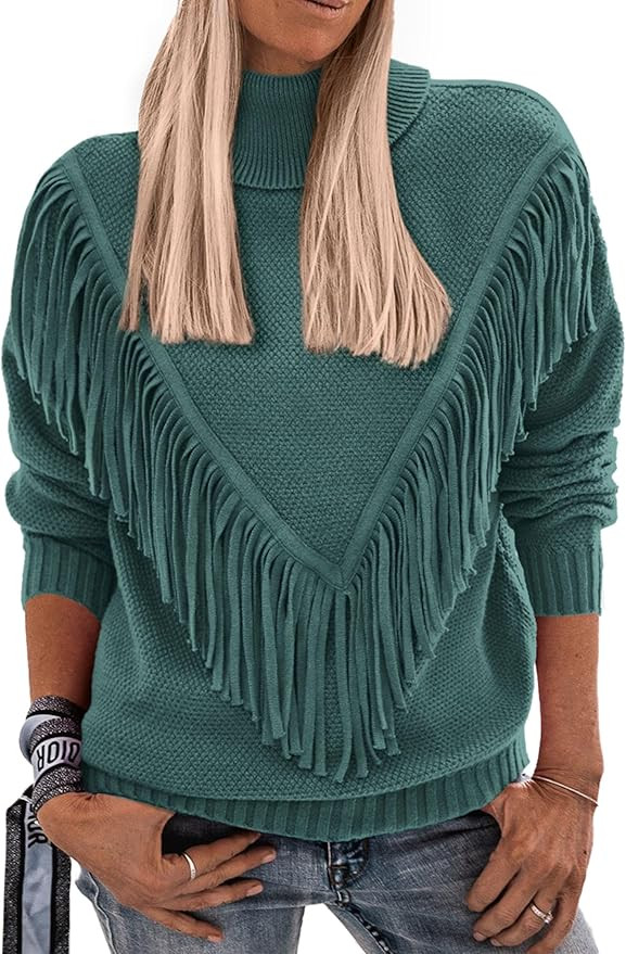 PRETTYGARDEN Women's 2023 Fall Knit Pullover Sweaters Long Sleeve Turtleneck Fringe Jumper Tops B... | Amazon (US)