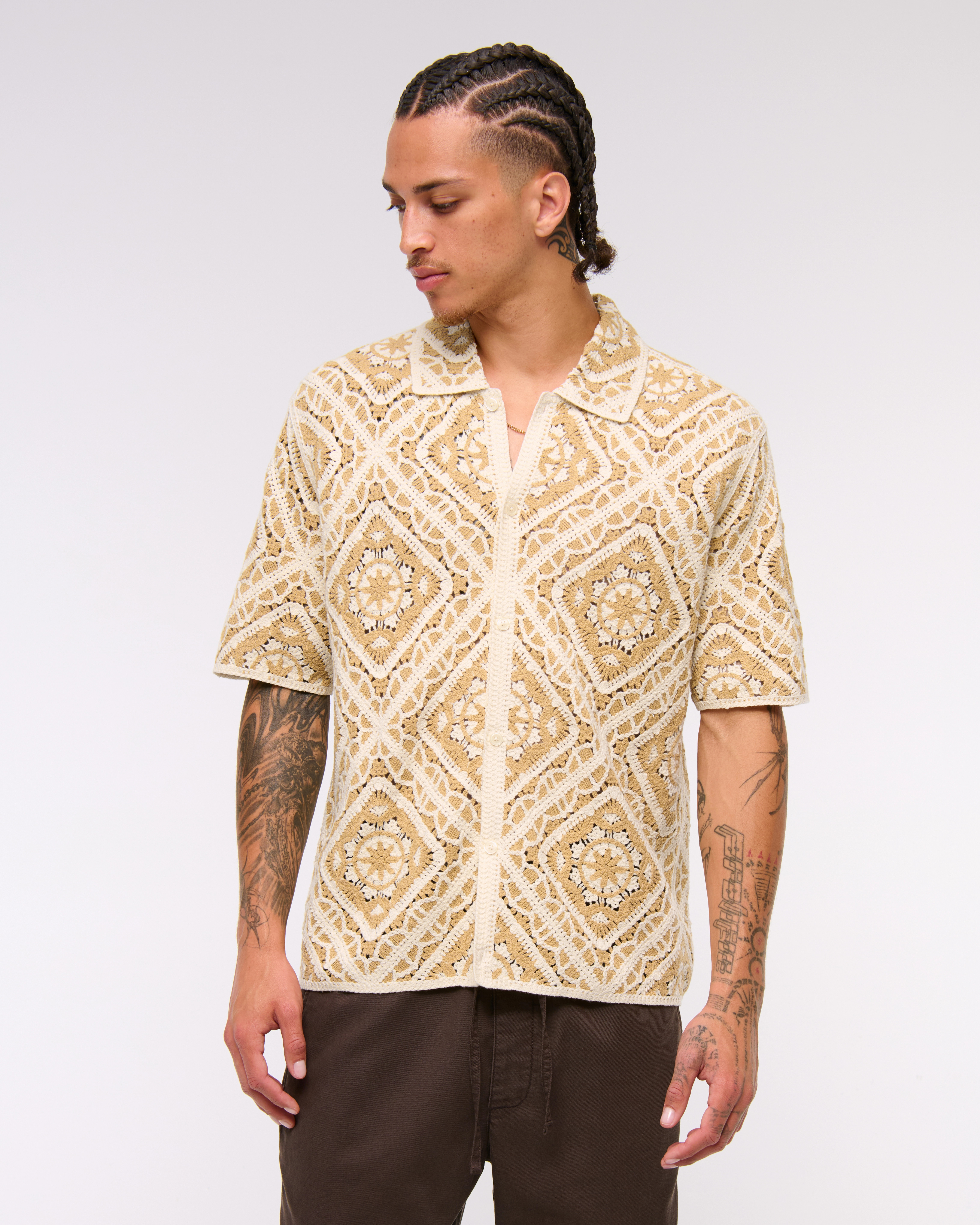 Crochet-Style Floral Button-Through Sweater Polo | Abercrombie & Fitch (US)