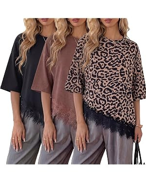 Cutecrop 3 Pack Women Oversized Lace Trim T Shirts 2026 Summer Loose Asymmetrical Tops Casual Sho... | Amazon (US)
