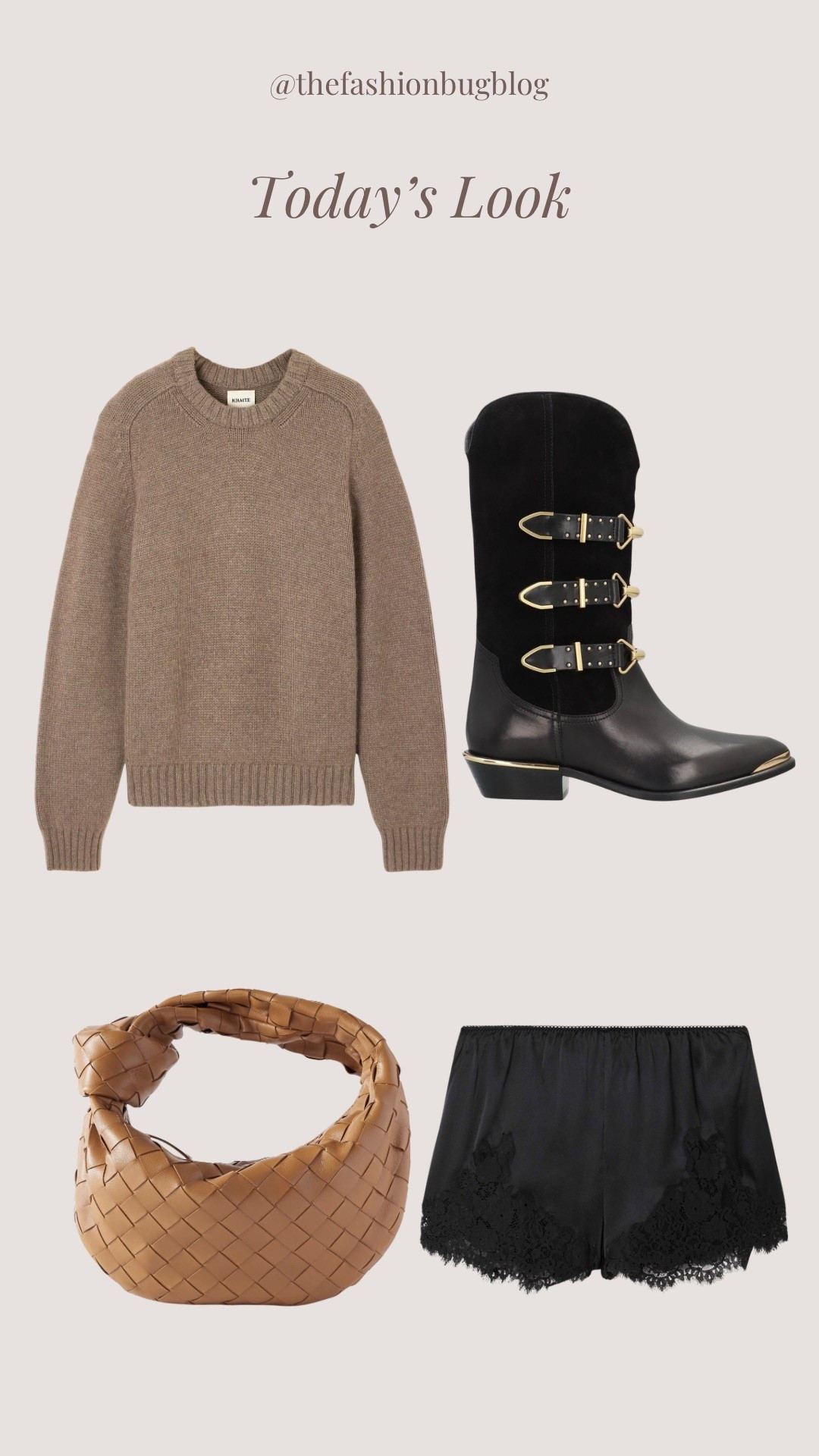 Outfit of the day Isabel marant boots Khaite cashmere knit bottega Jodie bag silk shorts doen 