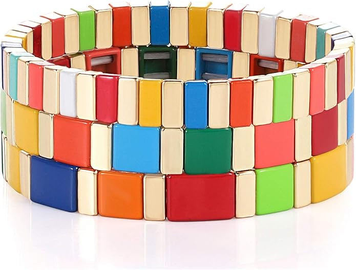 ANGLESJELL Enamel Tile Bracelets Rainbow Tile Bead Bracelets Elastic Colorful Rectangle Beaded St... | Amazon (US)