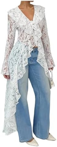 WDIRARA Women's Floral Lace Blouse Long Sleeve Ruffle Tops High Low Shirts | Tie Front ， V Neck... | Amazon (US)