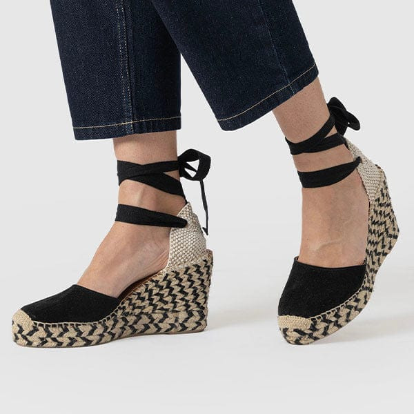 Rowe Espadrille Tie Wedges - Black Suede | Saint + Sofia