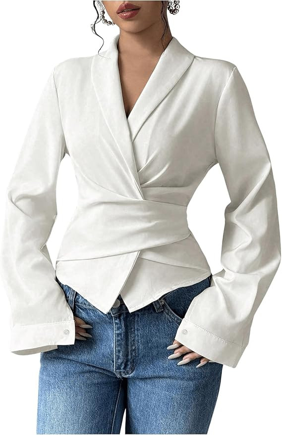 SweatyRocks Women's Elegant Wrap V Neck Blouse Long Sleeve Slim Fitted Belted Shirt Work Tops | Amazon (US)