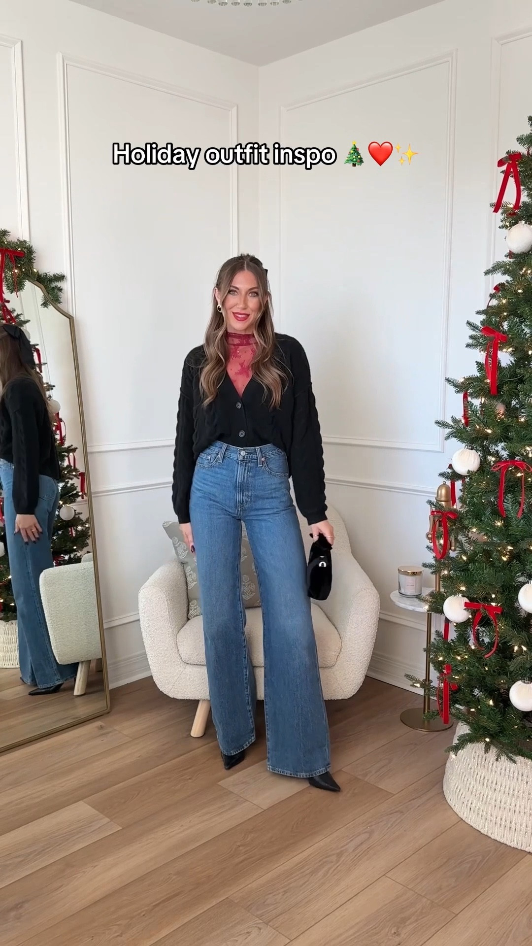 Holiday outfit inspo! Jeans are wrong medium wash, but any of the medium washes would be perfect! Exact cardigan is old so linked similar 