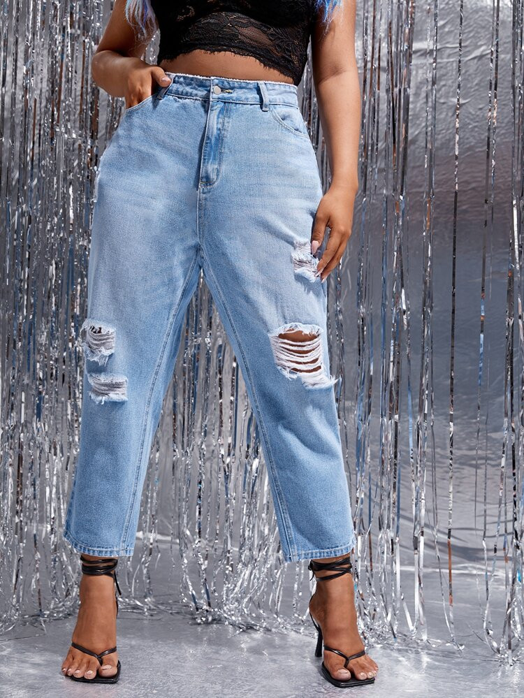 Plus High Waist Ripped Mom Cropped Jeans | SHEIN