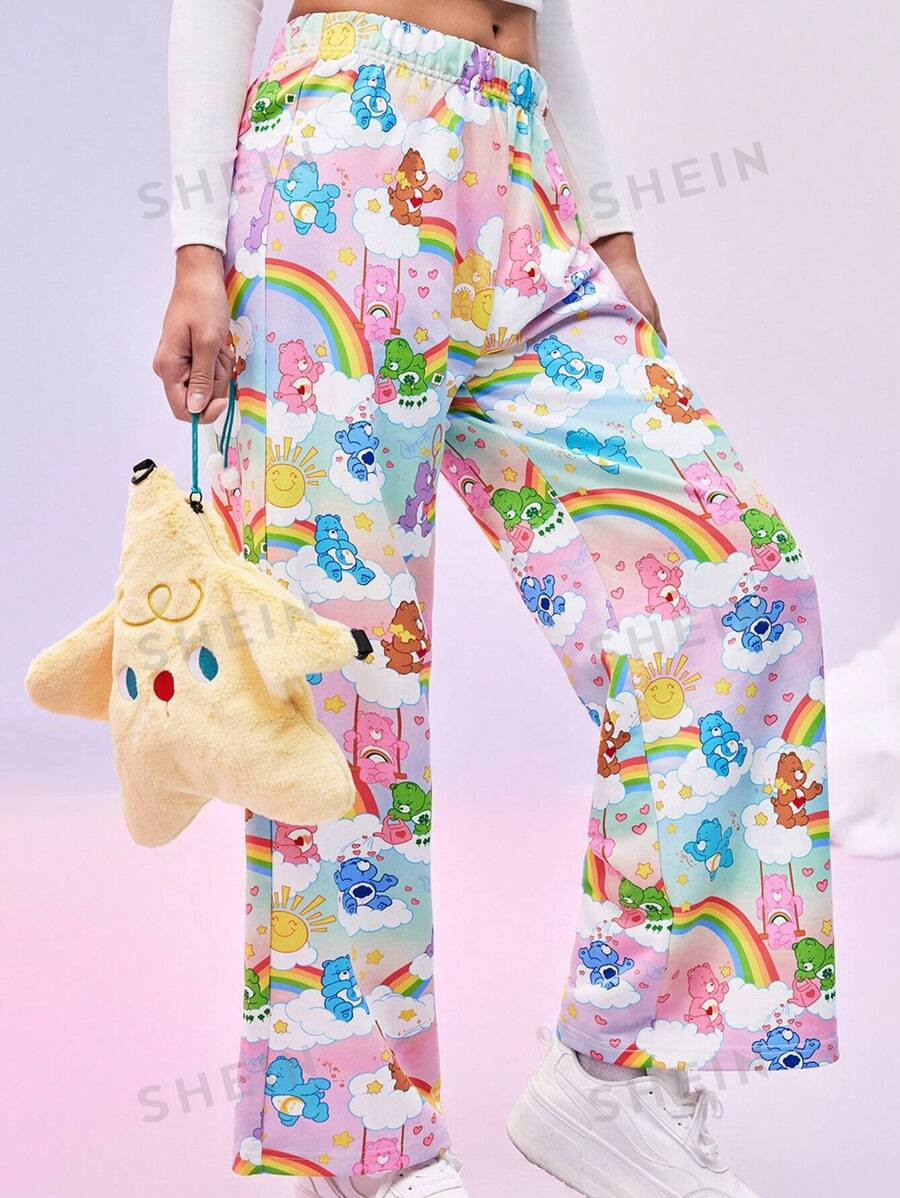 SHEIN X Care Bears FALL Loose Straight Wide-Leg Pants Rainbow Bear Pattern Star Pattern Sweet And... | SHEIN