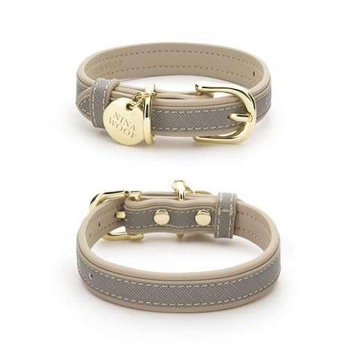 Nina Woof London Vegan Leather Dog Collar - Luxury Cute Dog Collar Adjustable Buckle Collar for Dogs, Dog Collar for Small Dogs to Dog Collar for Large Dogs - Padded Grey Over Beige, Small | Amazon (US)
