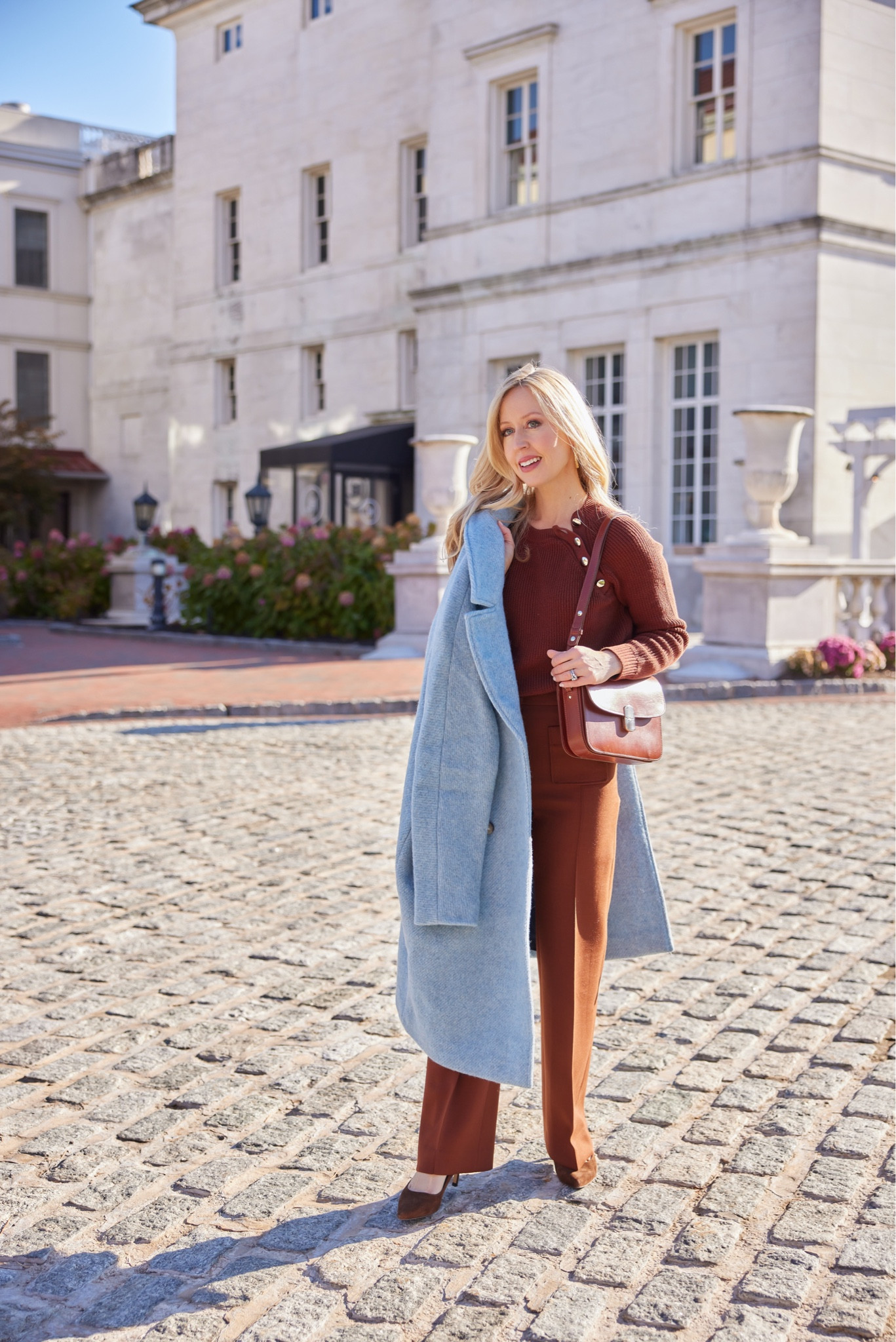 Chocolate brown with a pop of blue- winter outfit, wool coat. 


#LTKstyletip #LTKSeasonal #LTKover40