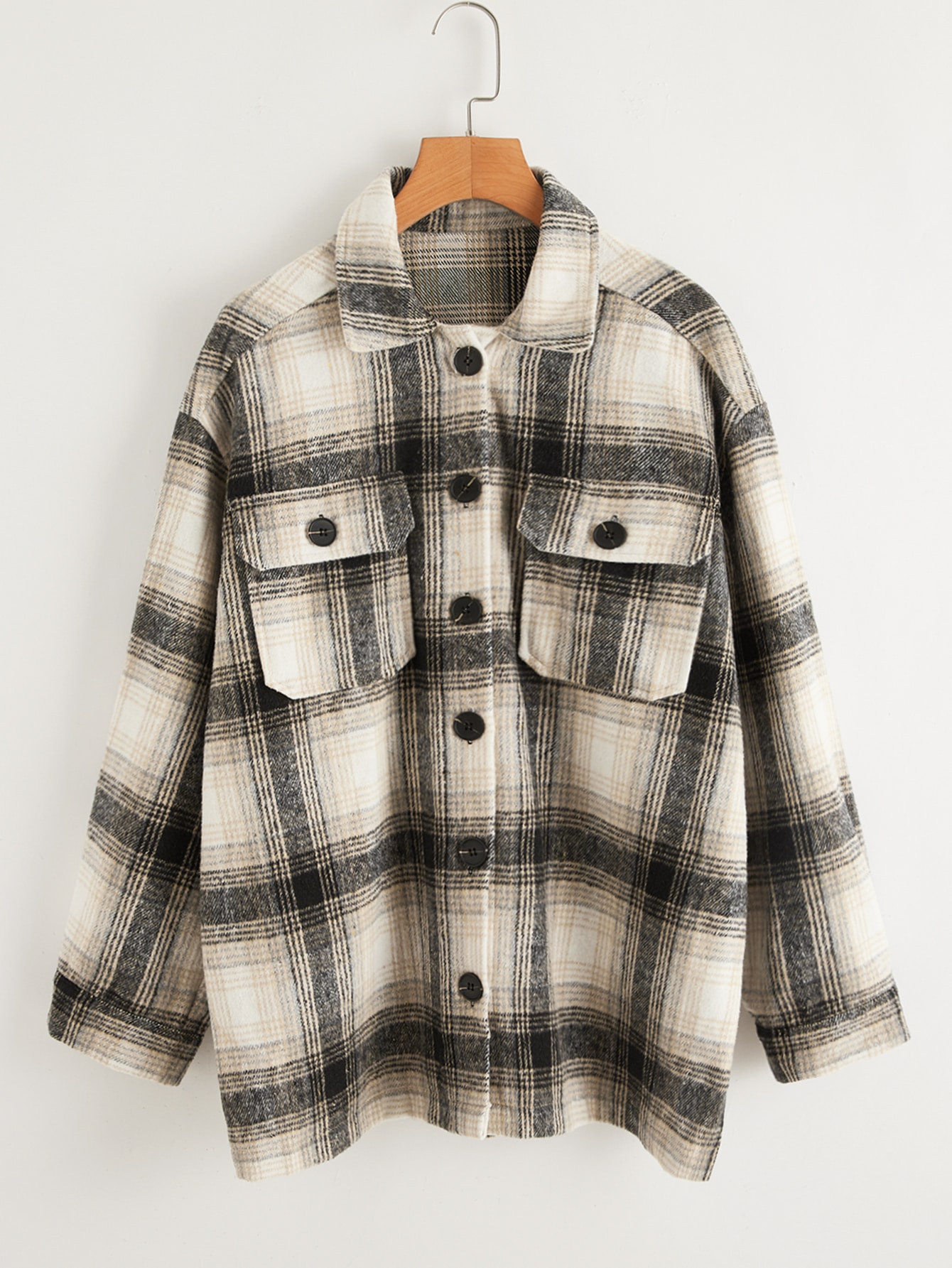 Flap Pocket Front Drop Shoulder Plaid Coat | SHEIN