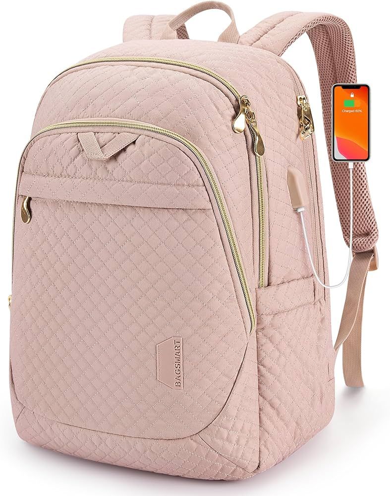 BAGSMART 15.6 Inch Pink Quilted Laptop Backpack for Women with USB Charging Port | Amazon (US)
