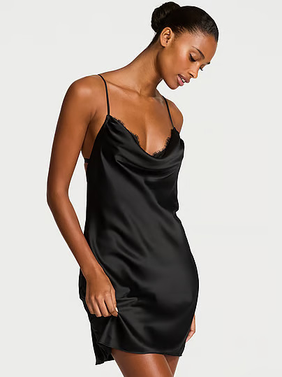 Dream Angels Satin Lace-Trim Draped Slip Dress, Black, S - Women's Slips - Victoria's Secret | Victoria's Secret (US / CA )