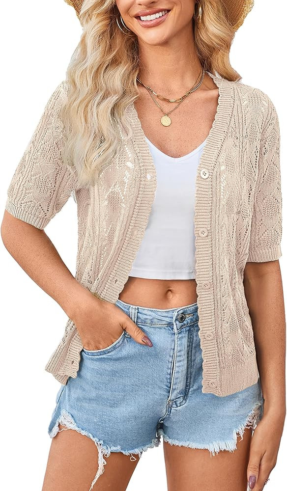 Yekaty Womens 2025 Short Sleeve Crochet Summer Cardigan Cropped Button Sweater Lightweight Shrug ... | Amazon (US)